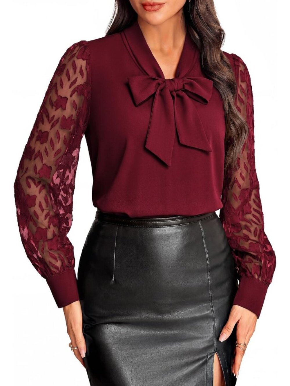 Chic Women's Business Casual Blouse, Dressy Lace Long Sleeve Bow Tie Top